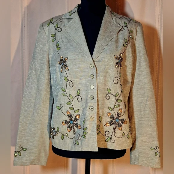 SILK LAND 100% Silk Light Brown Floral Embroidered Blazer - Picture 1 of 11